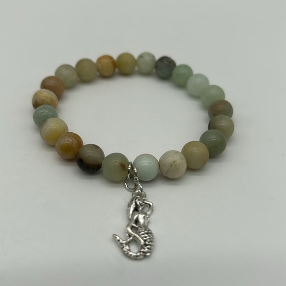 1915- Amazonite Beaded Stretch Bracelet with Silver Mermaid Charm-Calming Stone - Picture 4 of 6